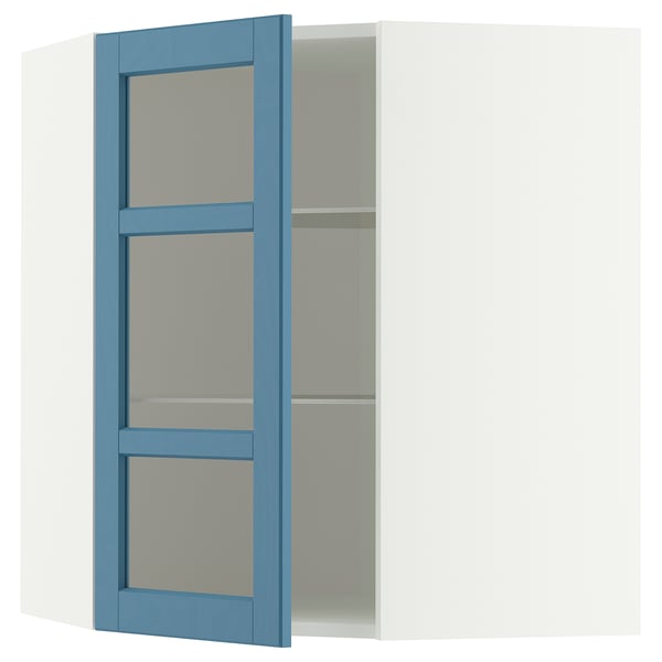 METOD corner wall unit/shelves/glass door, white/Lerhyttan blue, 68x80 cm