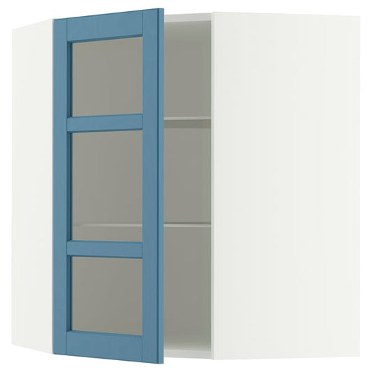 METOD corner wall unit/shelves/glass door, white/Lerhyttan blue, 68x80 cm