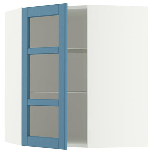 METOD corner wall cab w shelves/glass dr, white/Lerhyttan blue, 68x80 cm