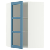 METOD corner wall cab w shelves/glass dr, white/Lerhyttan blue, 68x100 cm