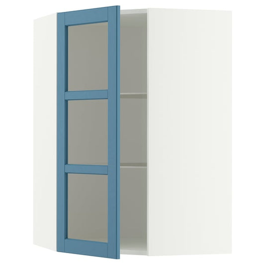 METOD corner wall unit/shelves/glass door, white/Lerhyttan blue, 68x100 cm