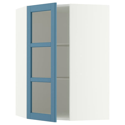 METOD corner wall cab w shelves/glass dr, white/Lerhyttan blue, 68x100 cm