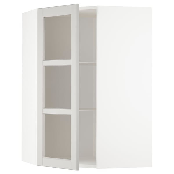 METOD - METOD Corner wall cab w shelves/glass dr, white/Lerhyttan light grey, 68x100 cm