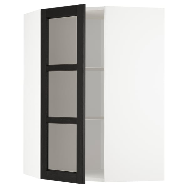 METOD corner wall cab w shelves/glass dr, white/Lerhyttan black stained, 68x100 cm