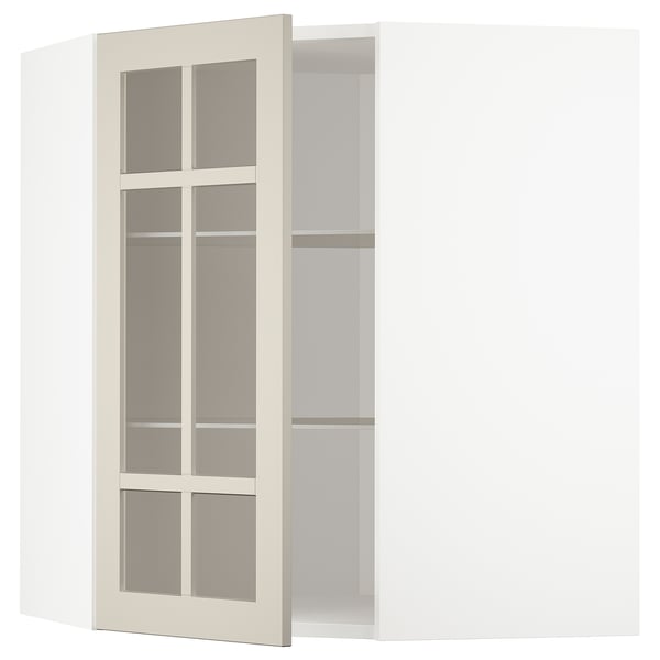 METOD - METOD Corner wall cab w shelves/glass dr, white/Stensund beige, 68x80 cm