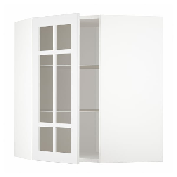 METOD corner wall cab w shelves/glass dr, white/Stensund white, 68x80 cm