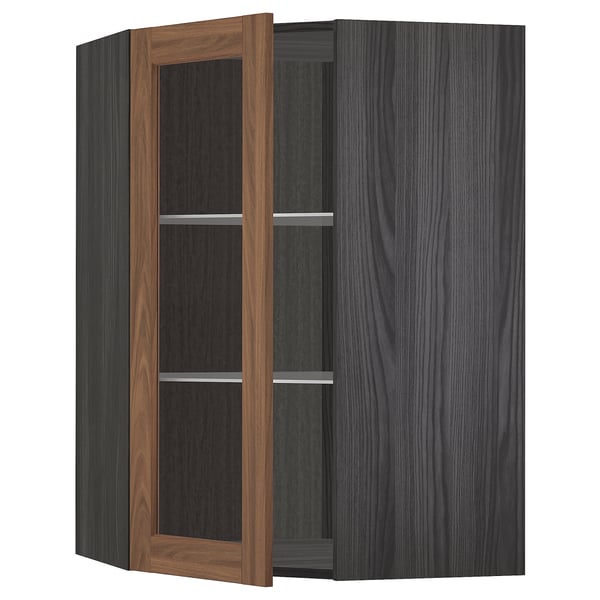 METOD corner wall cab w shelves/glass dr, black Enköping/brown walnut effect, 68x100 cm