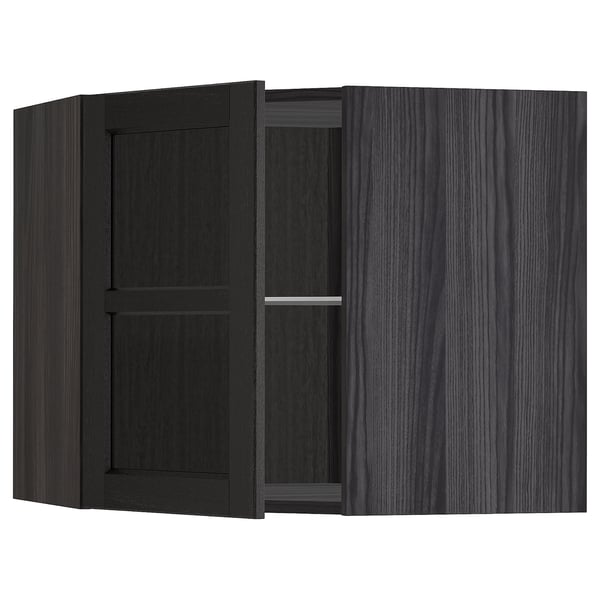 METOD corner wall cab w shelves/glass dr, black/Lerhyttan black stained