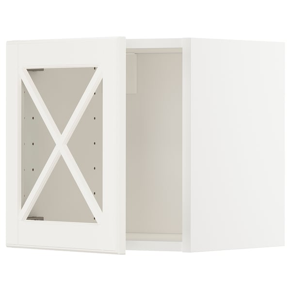METOD wall cabinet w glass door/crossbar., white/Bodbyn off-white, 40x40 cm