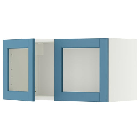METOD wall unit with 2 glass doors, white/Lerhyttan blue, 80x40 cm