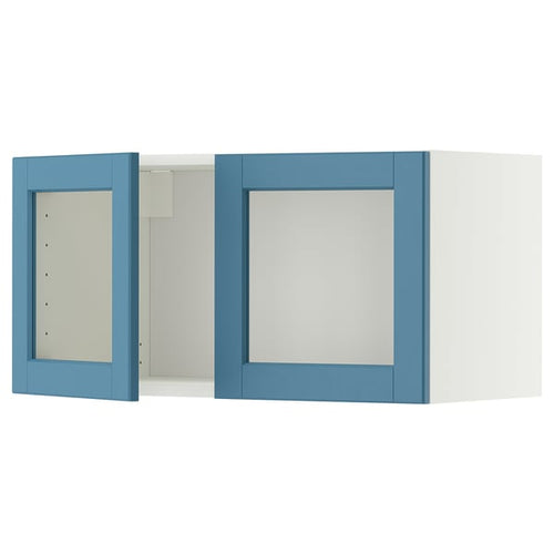 METOD wall cabinet with 2 glass doors, white/Lerhyttan blue, 80x40 cm