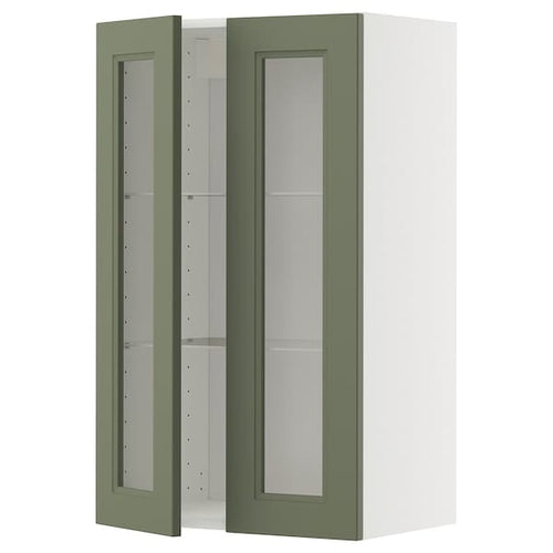 METOD wall cabinet w shelves/2 glass drs, white/Axstad grey-green, 60x100 cm