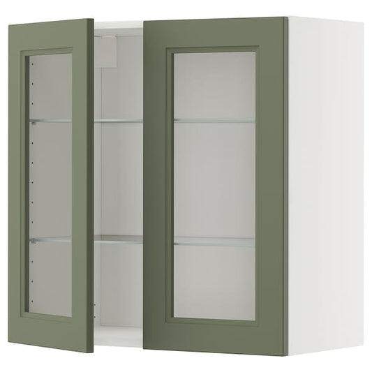 Ikea METOD - Wall unit with shelves/2 glass doors, white/Axstad gray-green,80x80 cm