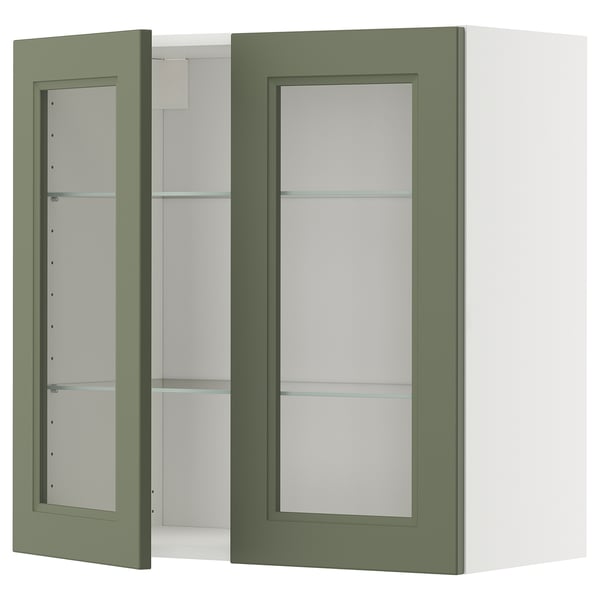 METOD - METOD Wall cabinet w shelves/2 glass drs, white/Axstad grey-green, 80x80 cm