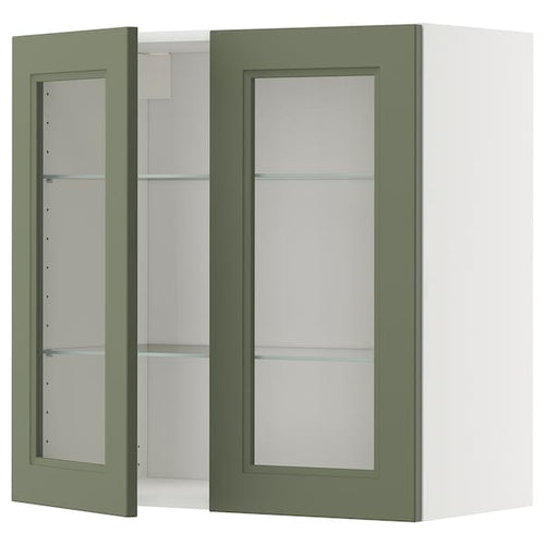METOD wall cabinet w shelves/2 glass drs, white/Axstad grey-green, 80x80 cm