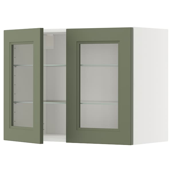 Ikea METOD - Wall unit with shelves/2 glass doors, white/Axstad gray-green,80x60 cm