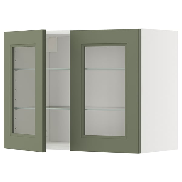 METOD - METOD Wall cabinet w shelves/2 glass drs, white/Axstad grey-green, 80x60 cm
