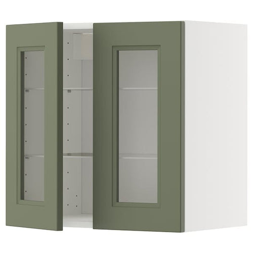 METOD wall cabinet w shelves/2 glass drs, white/Axstad grey-green, 60x60 cm