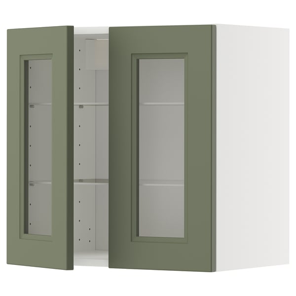 METOD - METOD Wall cabinet w shelves/2 glass drs, white/Axstad grey-green, 60x60 cm