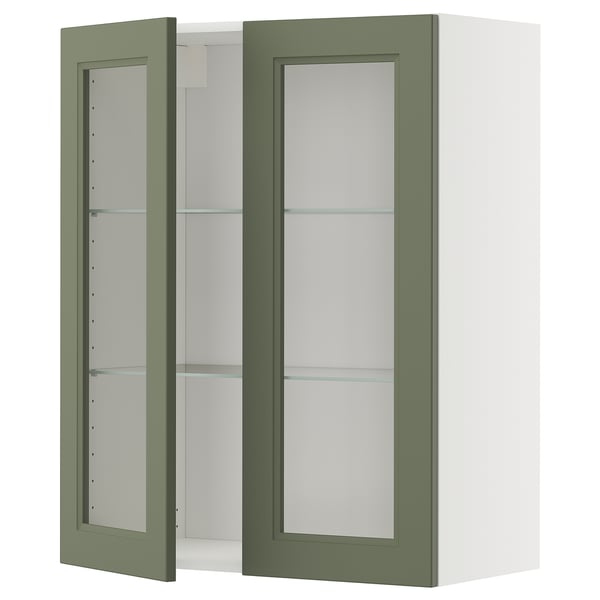 METOD - METOD Wall cabinet w shelves/2 glass drs, white/Axstad grey-green, 80x100 cm