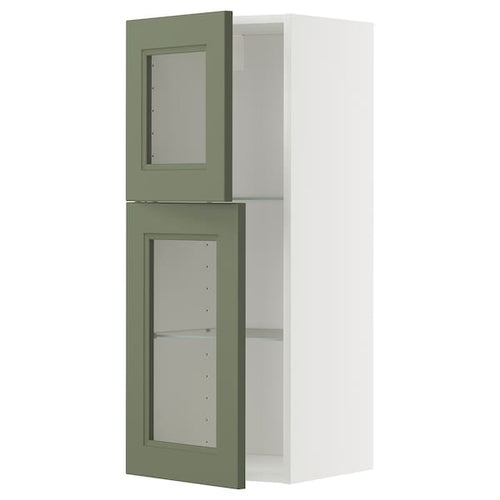 METOD wall cabinet w shelves/2 glass drs, white/Axstad grey-green, 40x100 cm