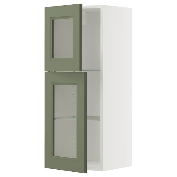 METOD - Wall cabinet w shelves/2 glass drs, white/Axstad grey-green, 40x100 cm