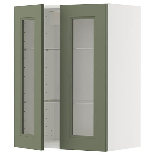 METOD wall cabinet w shelves/2 glass drs, white/Axstad grey-green, 60x80 cm