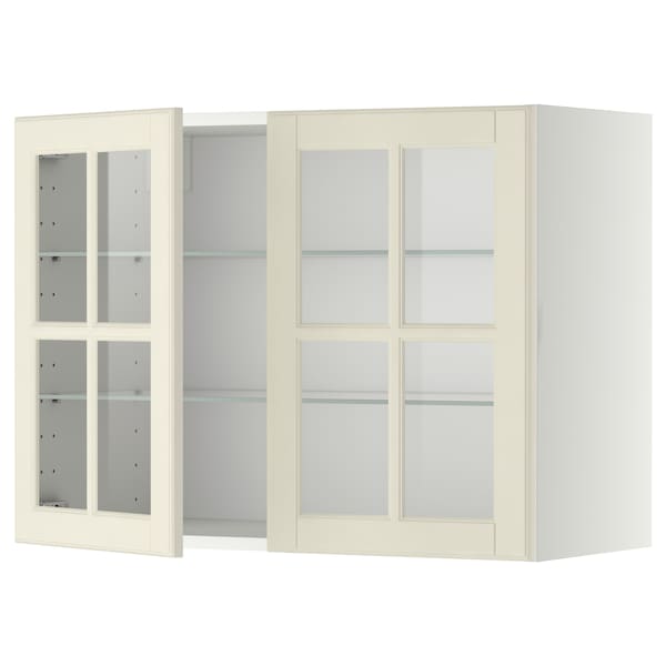 METOD - Wall cabinet w shelves/2 glass drs, white/Bodbyn off-white, 80x60 cm