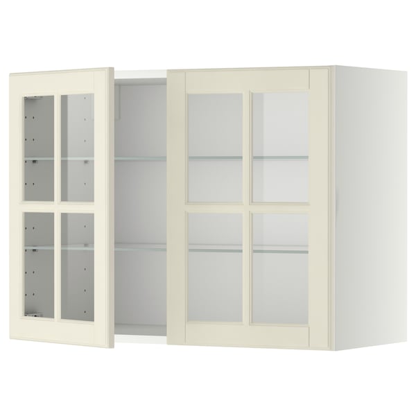 METOD wall cabinet w shelves/2 glass drs, white/Bodbyn off-white, 80x60 cm