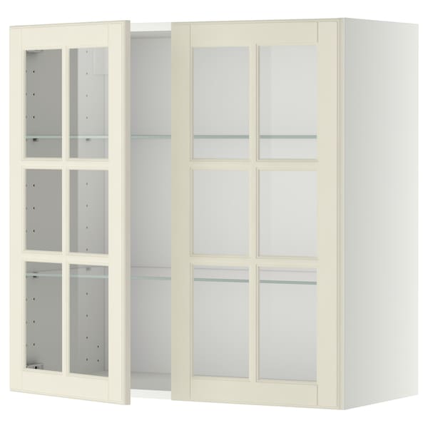 METOD - Wall cabinet w shelves/2 glass drs, white/Bodbyn off-white, 80x80 cm