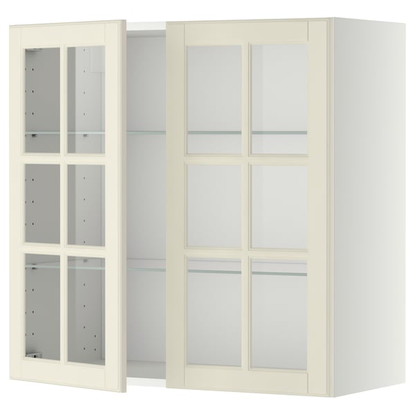 METOD wall cabinet w shelves/2 glass drs, white/Bodbyn off-white, 80x80 cm