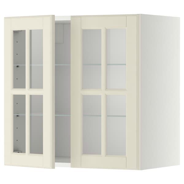 METOD - Wall cabinet w shelves/2 glass drs, white/Bodbyn off-white, 60x60 cm