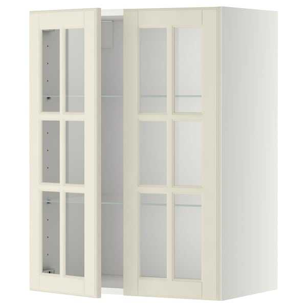 METOD - Wall cabinet w shelves/2 glass drs, white/Bodbyn off-white, 60x80 cm