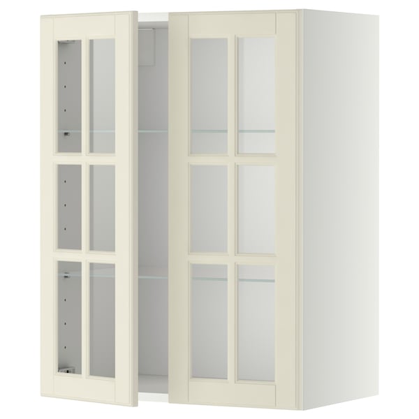 METOD wall cabinet w shelves/2 glass drs, white/Bodbyn off-white, 60x80 cm