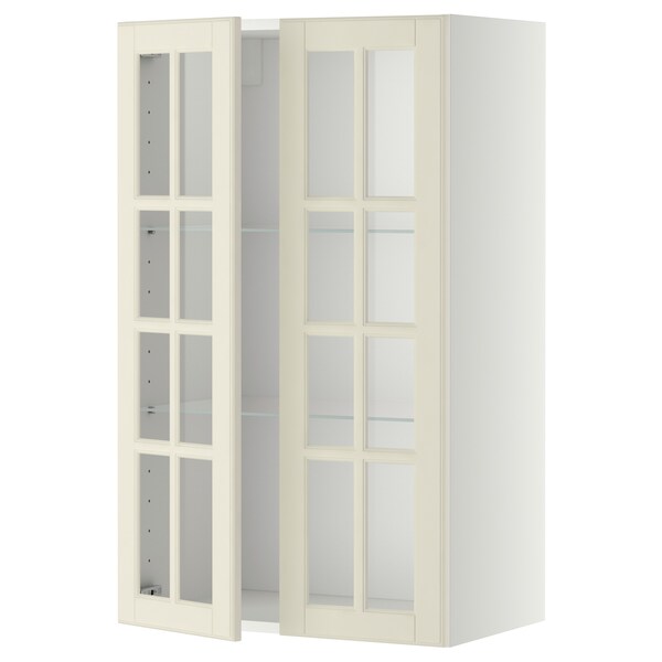 METOD - Wall cabinet w shelves/2 glass drs, white/Bodbyn off-white, 60x100 cm