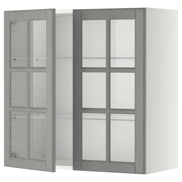 METOD - METOD Wall cabinet w shelves/2 glass drs, white/Bodbyn grey, 80x80 cm