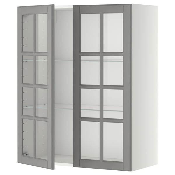 METOD - METOD Wall cabinet w shelves/2 glass drs, white/Bodbyn grey, 80x100 cm