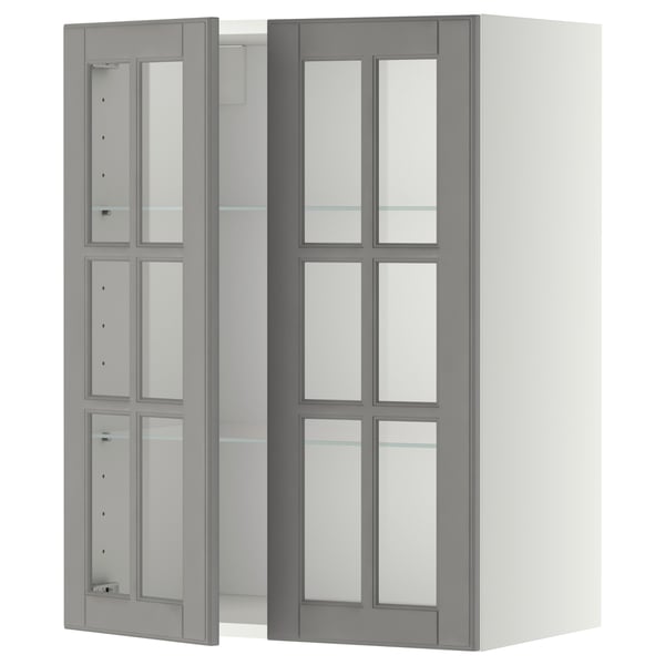 METOD - METOD Wall cabinet w shelves/2 glass drs, white/Bodbyn grey, 60x80 cm