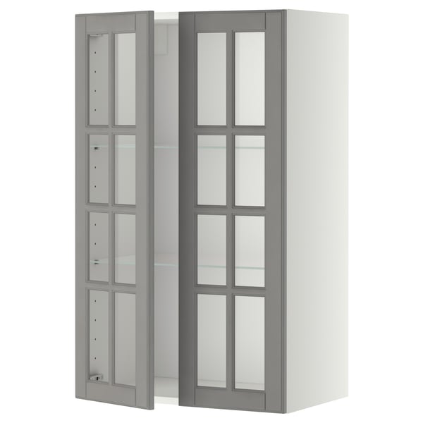 METOD - METOD Wall cabinet w shelves/2 glass drs, white/Bodbyn grey, 60x100 cm