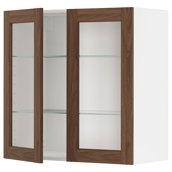 METOD - METOD Wall cabinet w shelves/2 glass drs, white Enköping/brown walnut effect, 80x80 cm
