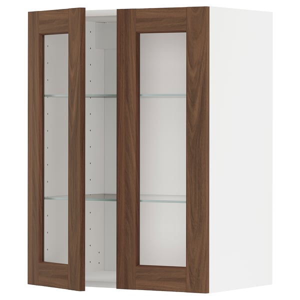METOD - METOD Wall cabinet w shelves/2 glass drs, white Enköping/brown walnut effect, 60x80 cm