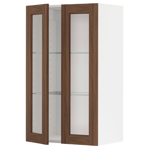 METOD - METOD Wall cabinet w shelves/2 glass drs, white Enköping/brown walnut effect, 60x100 cm