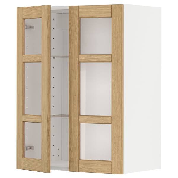 METOD wall cabinet w shelves/2 glass drs, white/Forsbacka oak, 60x80 cm
