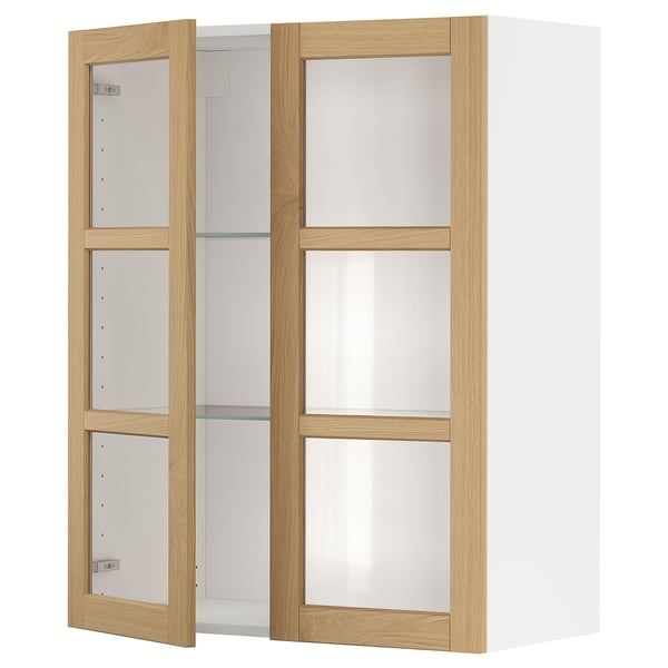 METOD - METOD Wall cabinet w shelves/2 glass drs, white/Forsbacka oak, 80x100 cm