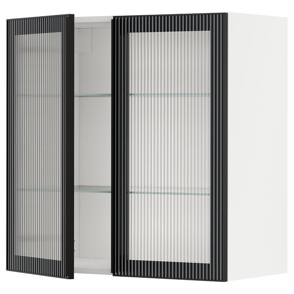 METOD wall cabinet w shelves/2 glass drs, white/Hejsta anthracite reeded glass, 80x80 cm
