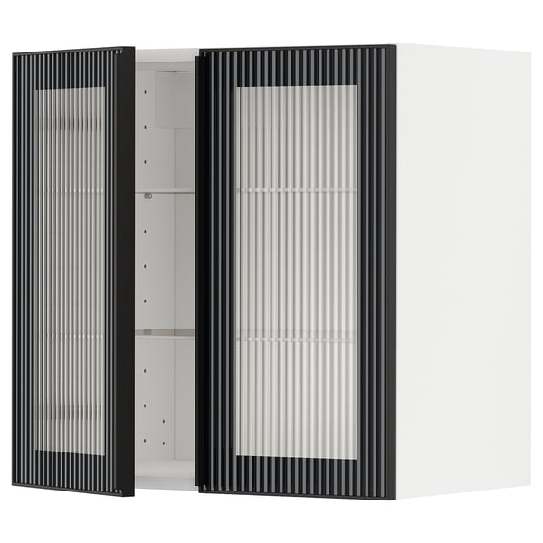 METOD wall cabinet w shelves/2 glass drs, white/Hejsta anthracite reeded glass, 60x60 cm