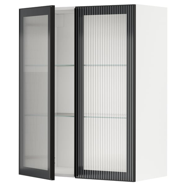 METOD wall cabinet w shelves/2 glass drs, white/Hejsta anthracite reeded glass, 80x100 cm