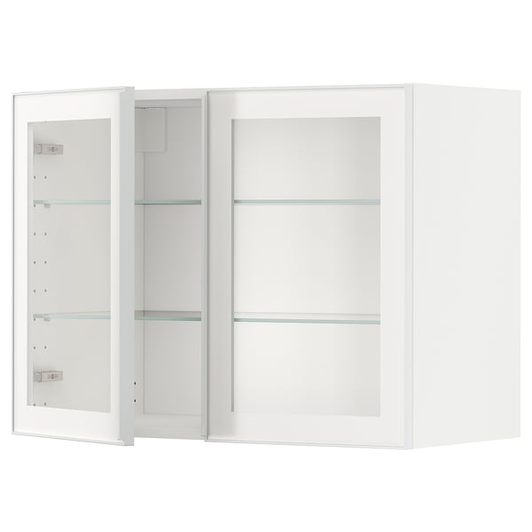 METOD wall cabinet w shelves/2 glass drs, white/Hejsta white clear glass, 80x60 cm