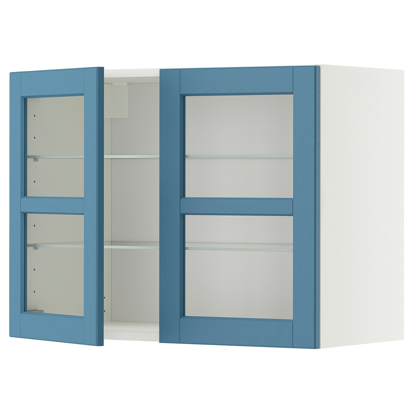 METOD wall cabinet w shelves/2 glass drs, white/Lerhyttan blue, 80x60 cm