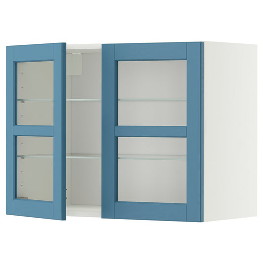 METOD wall cabinet w shelves/2 glass drs, white/Lerhyttan blue, 80.0x60.0x38.9 cm